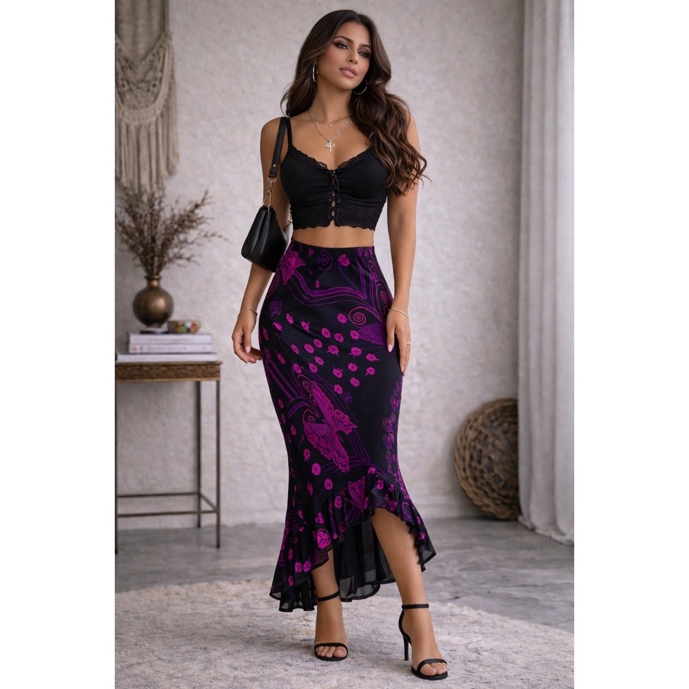 Vintage Y2K PHOOL Butterfly Print Midi Skirt Asymmetrical Hem Fairycore Boho Med
